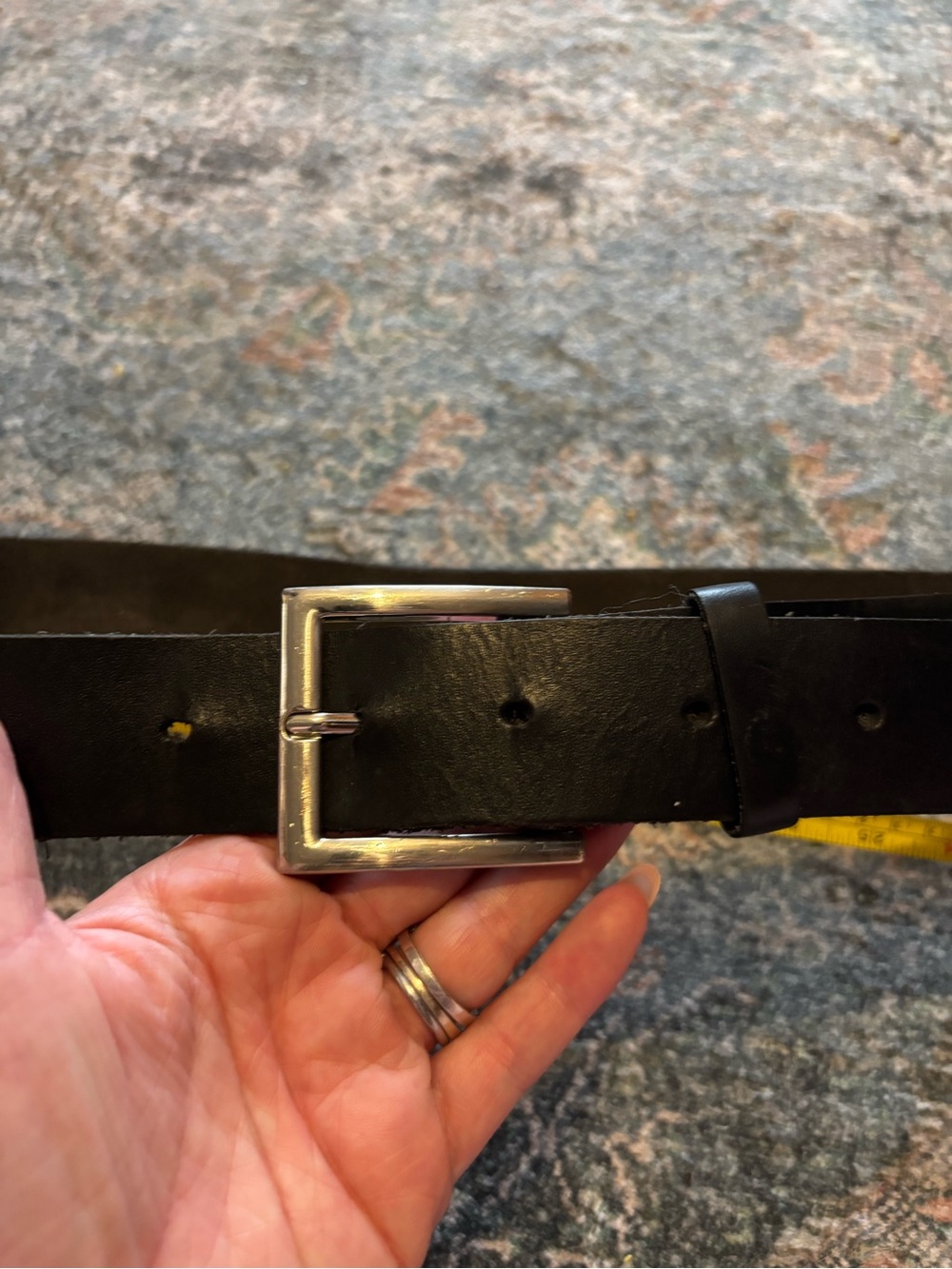 Men's Black Leather Belt with Silver-Tone Buckle